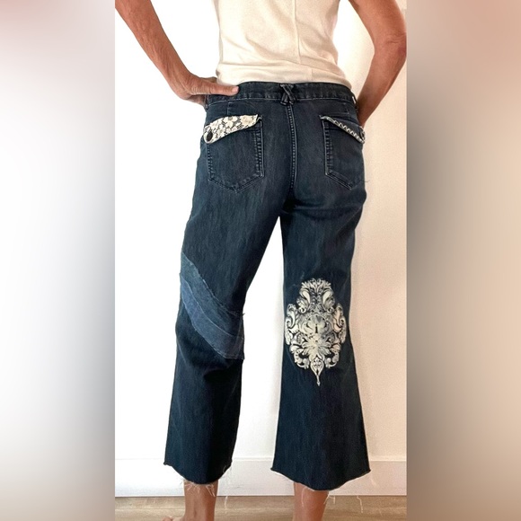 Upcycled Artistic Patchwork Flare Jeans, embroidery, painted, patched - Picture 2 of 6
